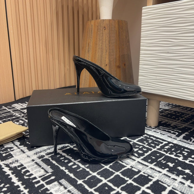 HIGH-HEEL 10 CM MULES IN BLACK PATENT CALFSKIN