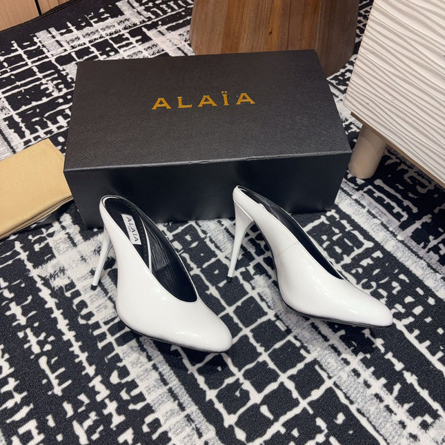 HIGH-HEEL 10 CM MULES IN WHITE PATENT CALFSKIN