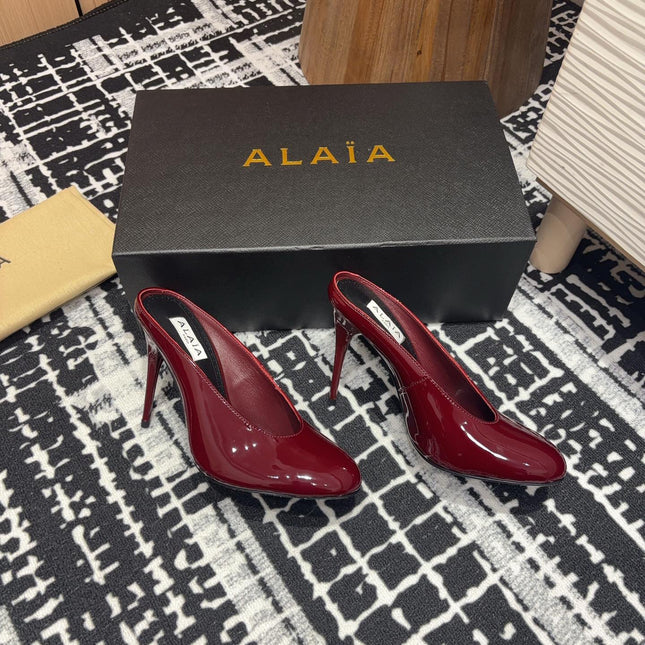 HIGH-HEEL 10 CM MULES IN BERRY RED PATENT CALFSKIN