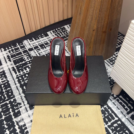 HIGH-HEEL 10 CM MULES IN BERRY RED PATENT CALFSKIN