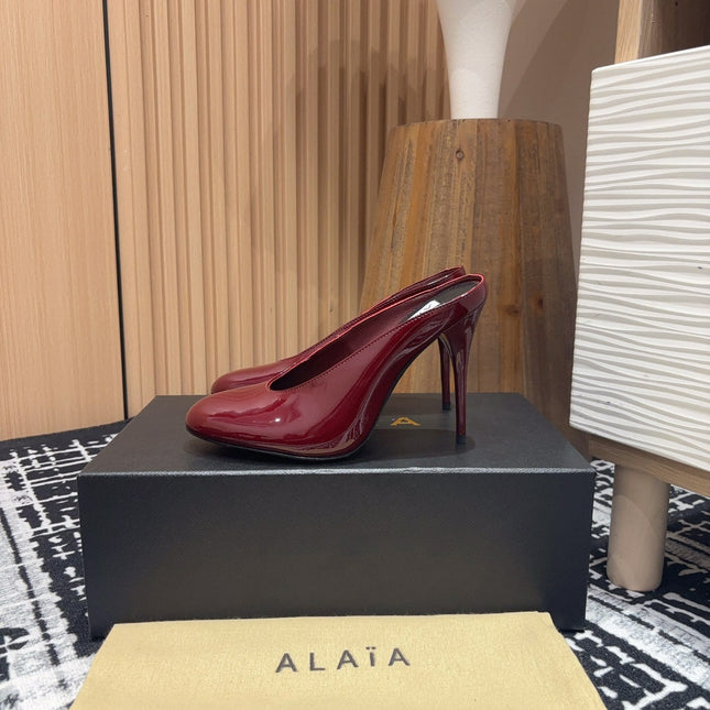 HIGH-HEEL 10 CM MULES IN BERRY RED PATENT CALFSKIN