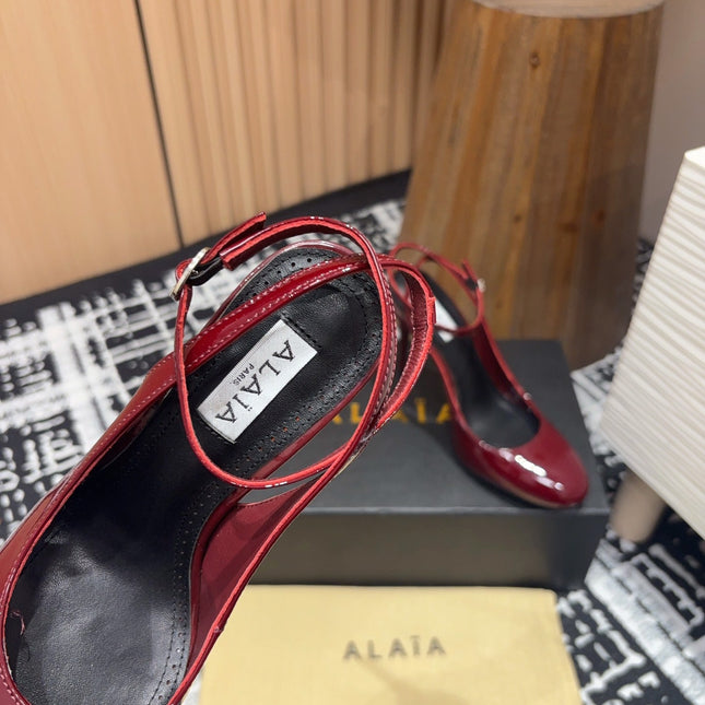 SLINGBACK HEEL 10 CM IN BERRY RED PATENT CALFSKIN