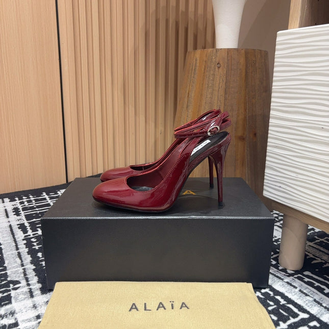 SLINGBACK HEEL 10 CM IN BERRY RED PATENT CALFSKIN