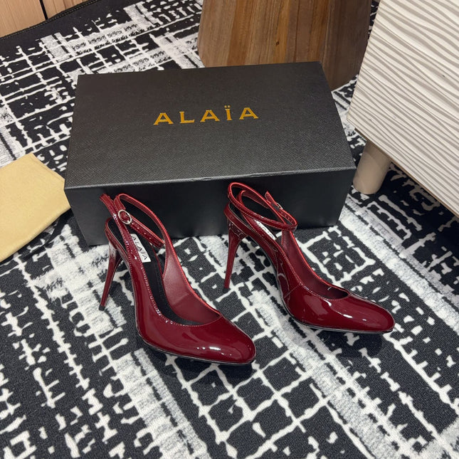 SLINGBACK HEEL 10 CM IN BERRY RED PATENT CALFSKIN