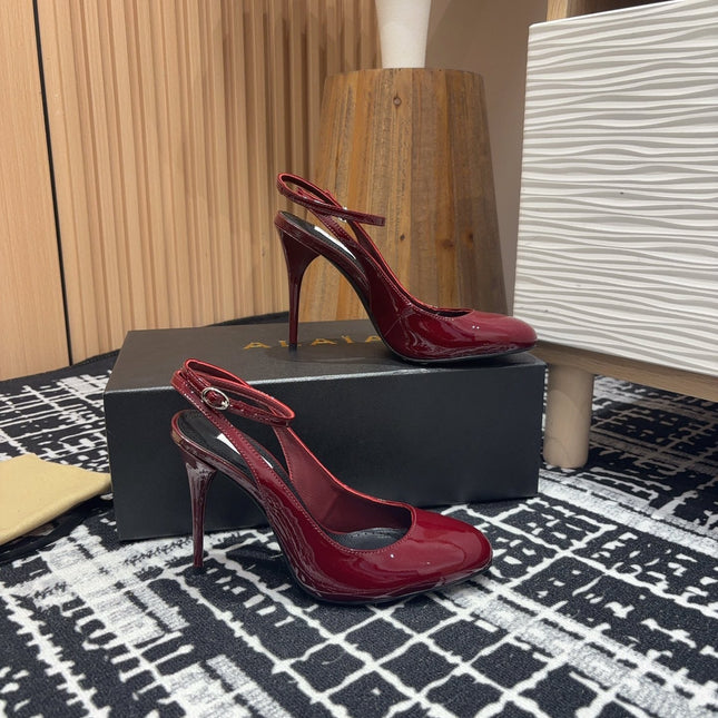 SLINGBACK HEEL 10 CM IN BERRY RED PATENT CALFSKIN