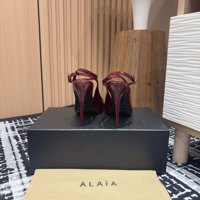 SLINGBACK HEEL 10 CM IN BERRY RED PATENT CALFSKIN