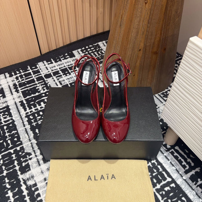SLINGBACK HEEL 10 CM IN BERRY RED PATENT CALFSKIN