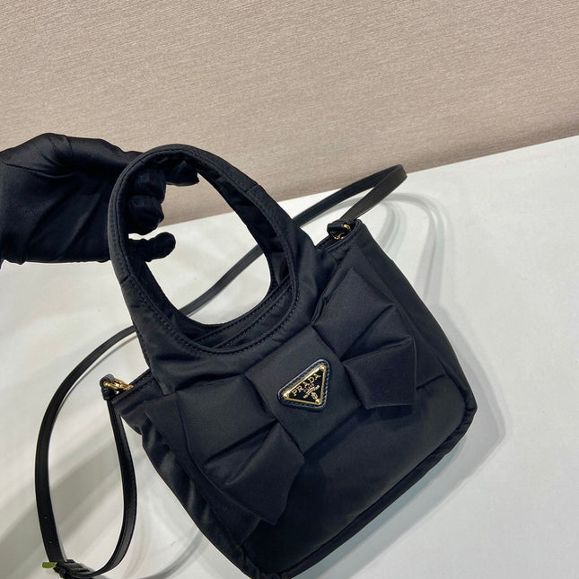 MINI BOW TOTE BAG 18 IN BLACK PADDED NYLON FABRIC