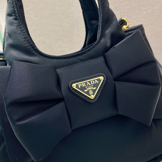 MINI BOW TOTE BAG 18 IN BLACK PADDED NYLON FABRIC