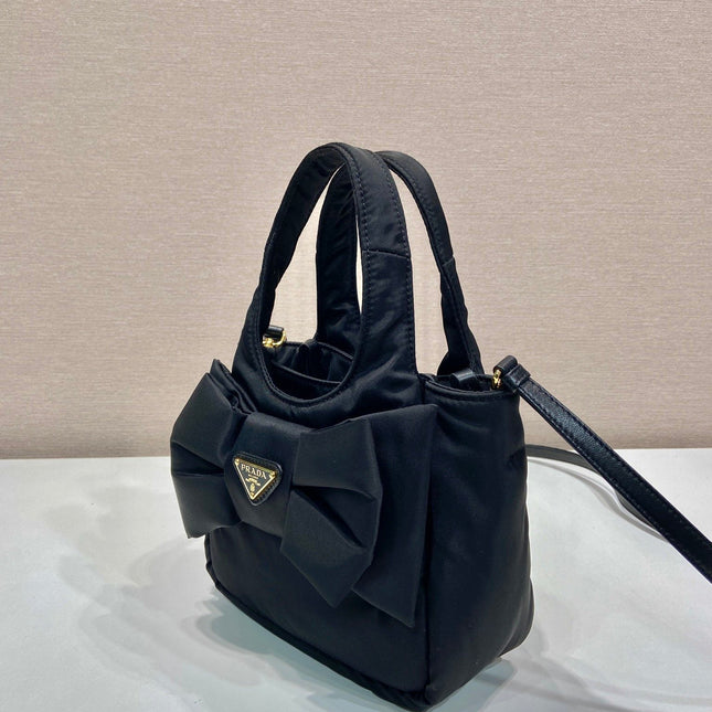 MINI BOW TOTE BAG 18 IN BLACK PADDED NYLON FABRIC