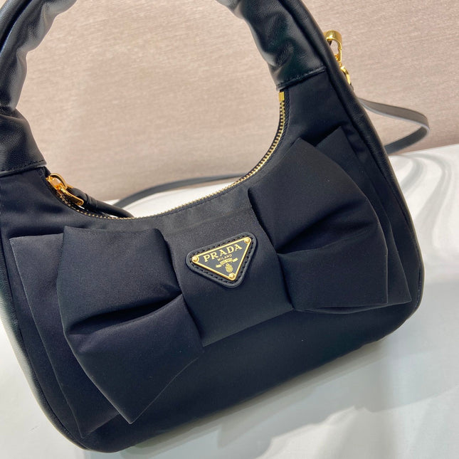 BOW HOBO BAG 22 IN BLACK RE-NYLON AND LAMBSKIN