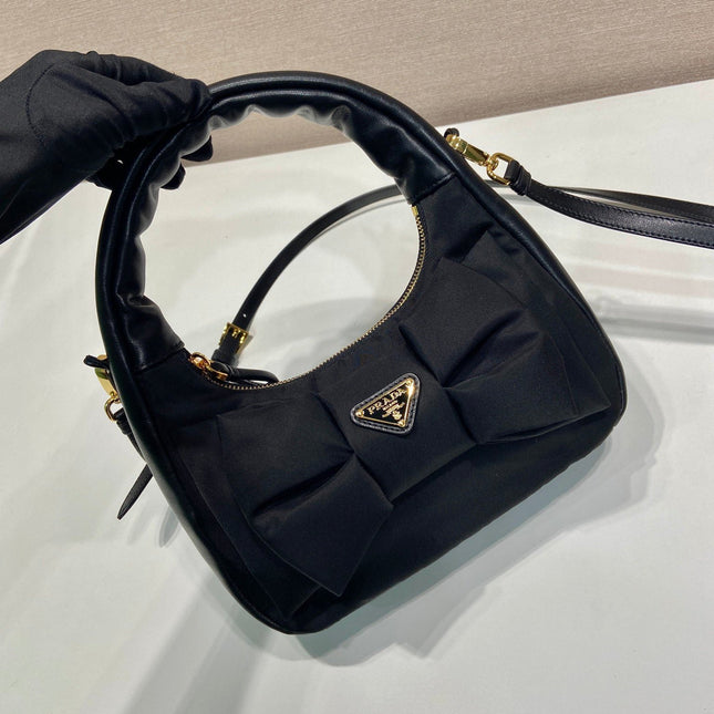 BOW HOBO BAG 22 IN BLACK RE-NYLON AND LAMBSKIN