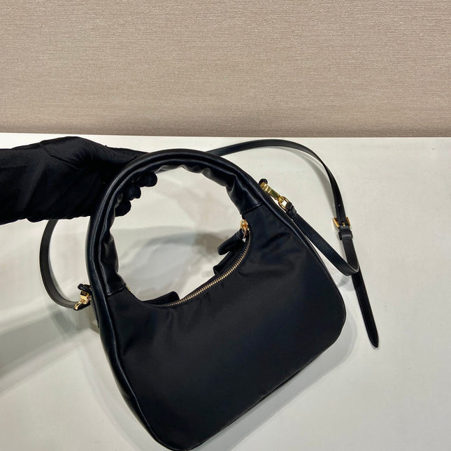BOW HOBO BAG 22 IN BLACK RE-NYLON AND LAMBSKIN