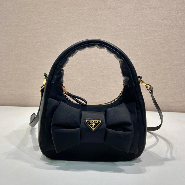 BOW HOBO BAG 22 IN BLACK RE-NYLON AND LAMBSKIN