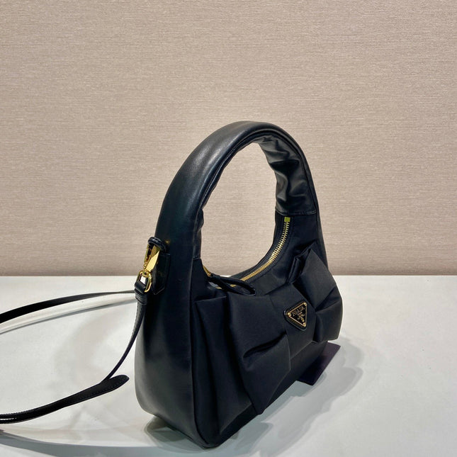 BOW HOBO BAG 22 IN BLACK RE-NYLON AND LAMBSKIN