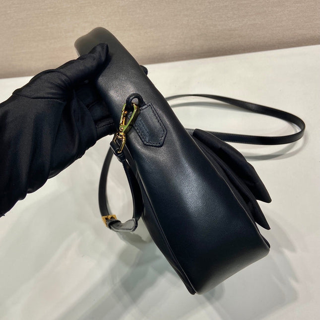 BOW HOBO BAG 22 IN BLACK RE-NYLON AND LAMBSKIN