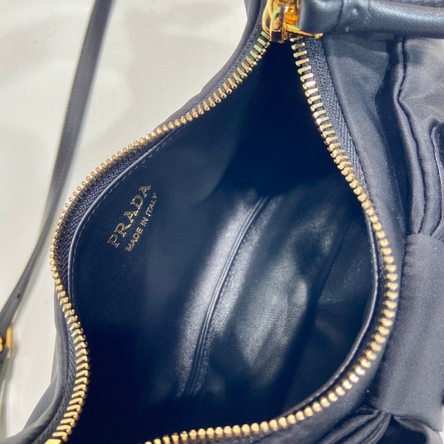 BOW HOBO BAG 22 IN BLACK RE-NYLON AND LAMBSKIN