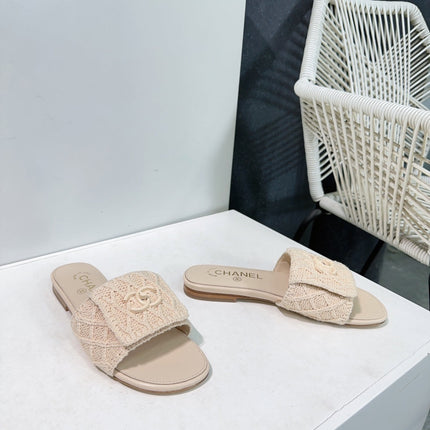 KNIT CAMEL BEIGE FABRIC FLAT SLIDE