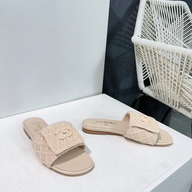 KNIT CAMEL BEIGE FABRIC FLAT SLIDE