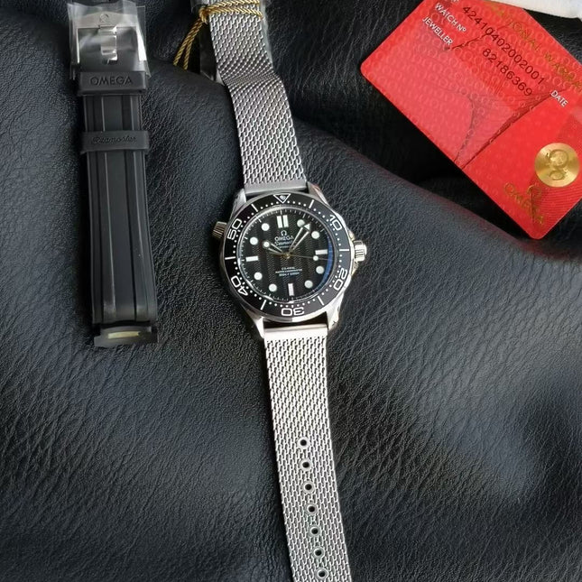 SEAMASTER DIVER 300M SILVER CASE AND BLACK DIAL WITH BRUSHED MESH BRACELET WITH CLASP