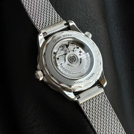 SEAMASTER DIVER 300M SILVER CASE AND BLACK DIAL WITH BRUSHED MESH BRACELET WITH CLASP