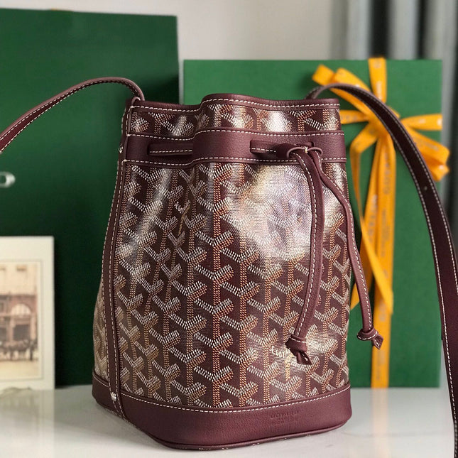 PETIT FLOT BUCKET BAG 22 IN WINE RED GOYARDINE CANVAS AND LAMBSKIN TRIM