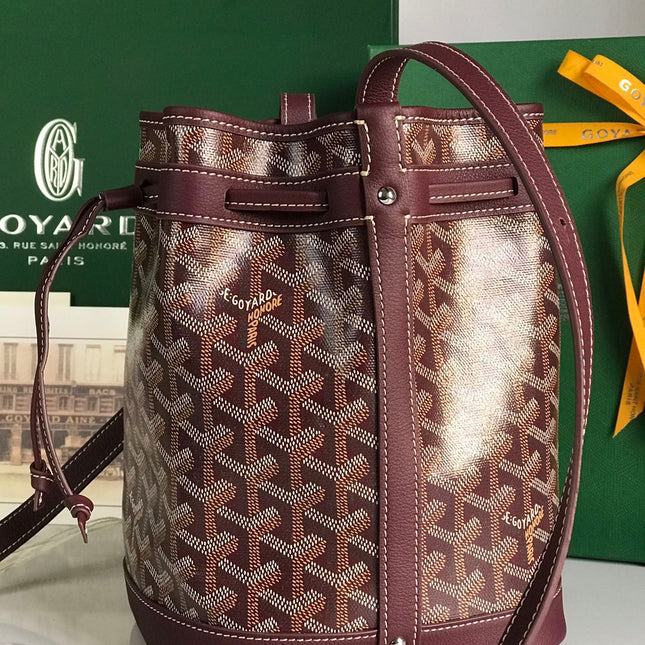 PETIT FLOT BUCKET BAG 22 IN WINE RED GOYARDINE CANVAS AND LAMBSKIN TRIM