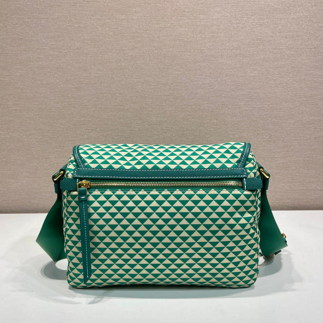 MESSENGER BAG 25 IN FOREST GREEN MIX CREAM TRIANGLE PATTERN EMBROIDERED FABRIC