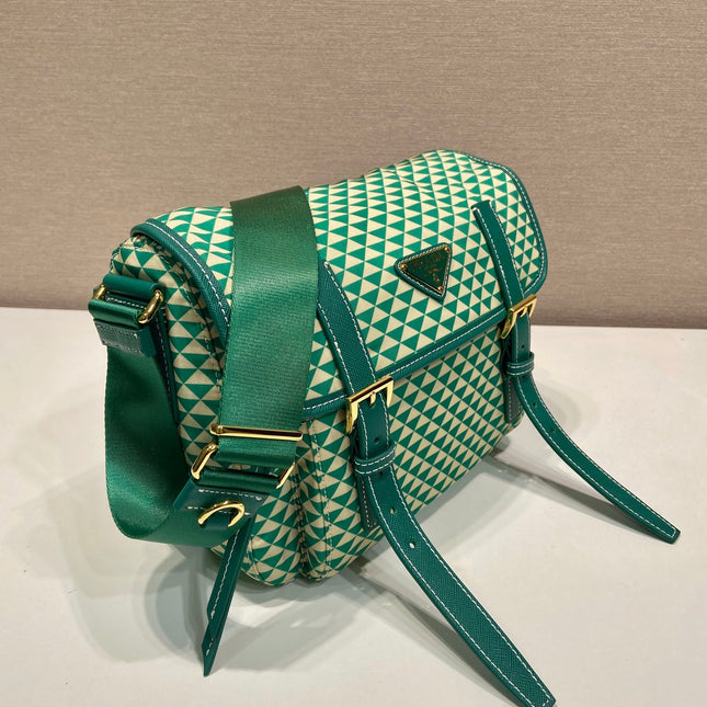 MESSENGER BAG 25 IN FOREST GREEN MIX CREAM TRIANGLE PATTERN EMBROIDERED FABRIC
