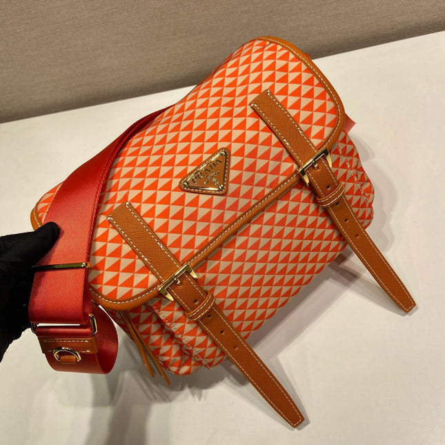 MESSENGER BAG 25 IN ORANGE MIX CREAM TRIANGLE PATTERN EMBROIDERED FABRIC