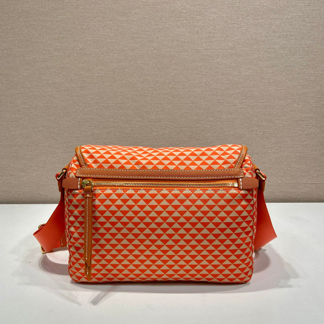 MESSENGER BAG 25 IN ORANGE MIX CREAM TRIANGLE PATTERN EMBROIDERED FABRIC