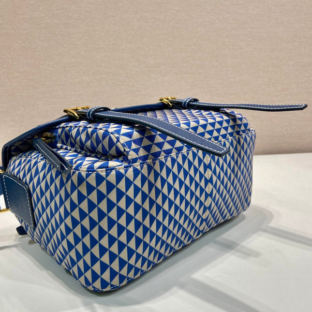 MESSENGER BAG 25 IN BLUE MIX WHITE TRIANGLE PATTERN EMBROIDERED FABRIC