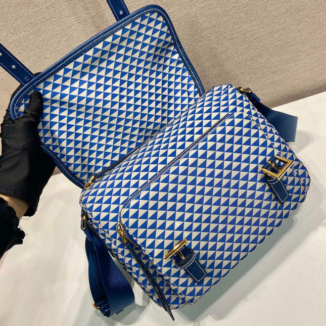 MESSENGER BAG 25 IN BLUE MIX WHITE TRIANGLE PATTERN EMBROIDERED FABRIC