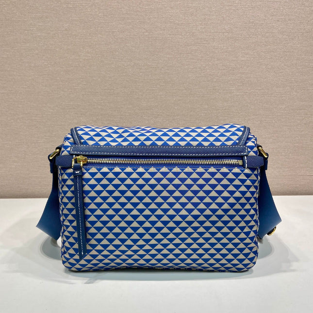 MESSENGER BAG 25 IN BLUE MIX WHITE TRIANGLE PATTERN EMBROIDERED FABRIC