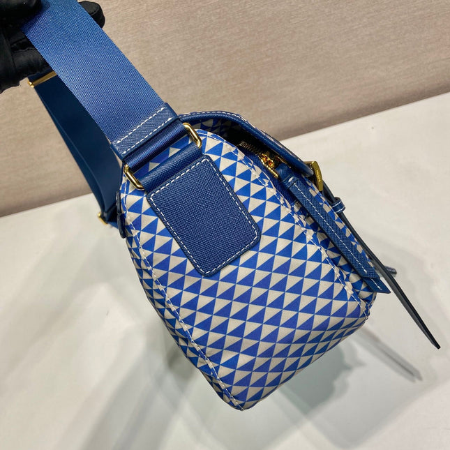 MESSENGER BAG 25 IN BLUE MIX WHITE TRIANGLE PATTERN EMBROIDERED FABRIC