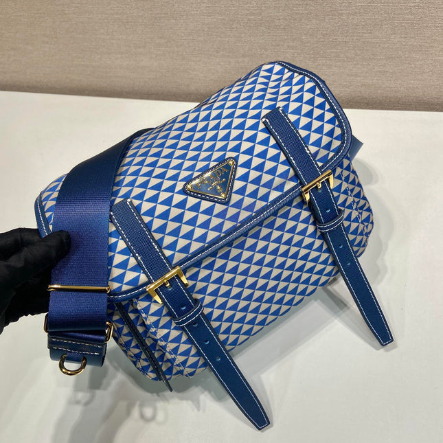 MESSENGER BAG 25 IN BLUE MIX WHITE TRIANGLE PATTERN EMBROIDERED FABRIC