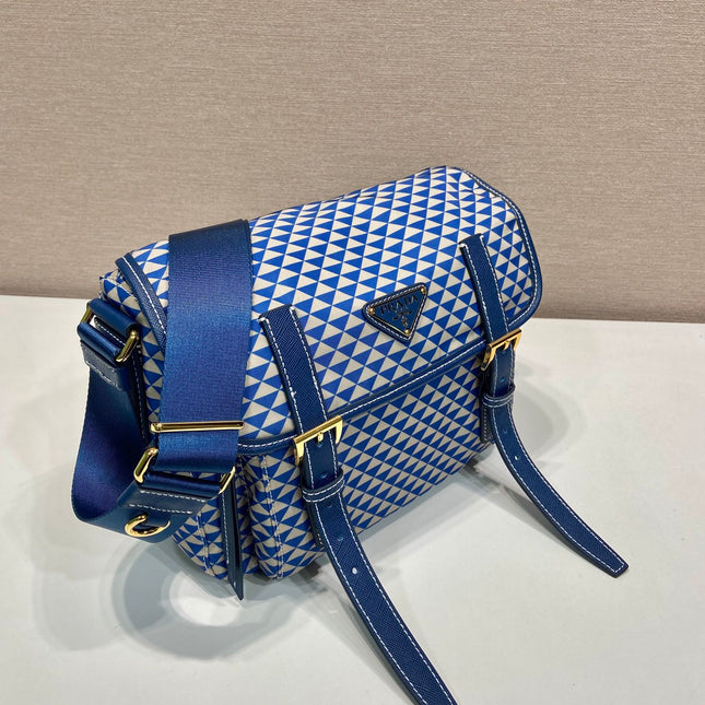 MESSENGER BAG 25 IN BLUE MIX WHITE TRIANGLE PATTERN EMBROIDERED FABRIC