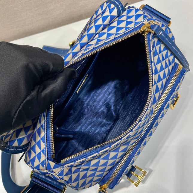 MESSENGER BAG 25 IN BLUE MIX WHITE TRIANGLE PATTERN EMBROIDERED FABRIC
