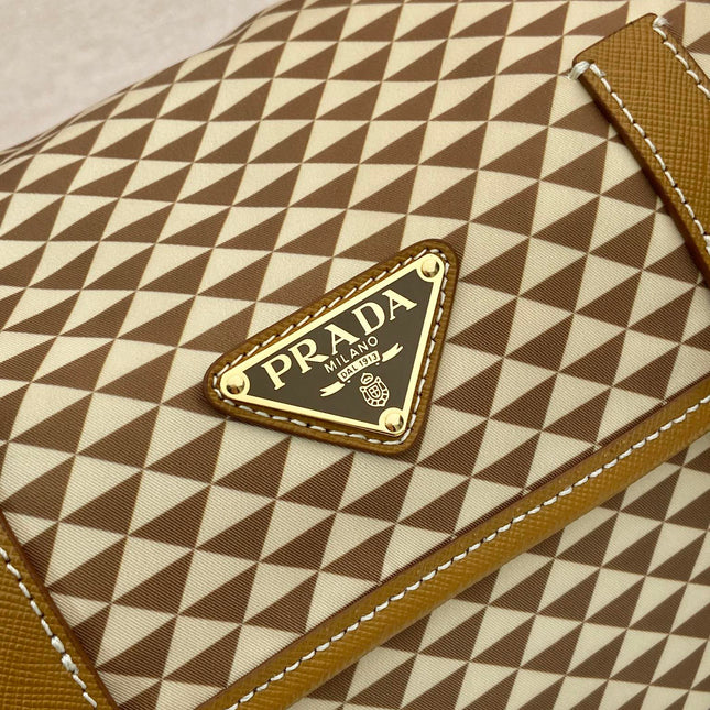 MESSENGER BAG 25 IN BROWN MIX CREAM TRIANGLE PATTERN EMBROIDERED FABRIC