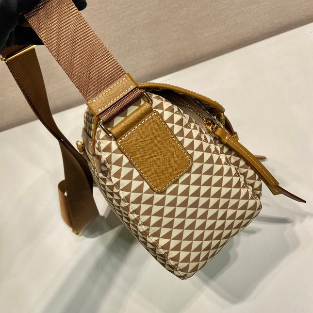 MESSENGER BAG 25 IN BROWN MIX CREAM TRIANGLE PATTERN EMBROIDERED FABRIC