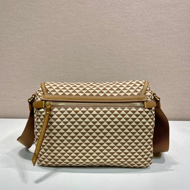 MESSENGER BAG 25 IN BROWN MIX CREAM TRIANGLE PATTERN EMBROIDERED FABRIC