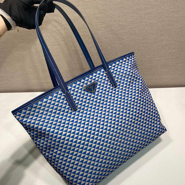 TOTE BAG 33 IN BLUE MIX WHITE TRIANGLE PATTERN EMBROIDERED FABRIC
