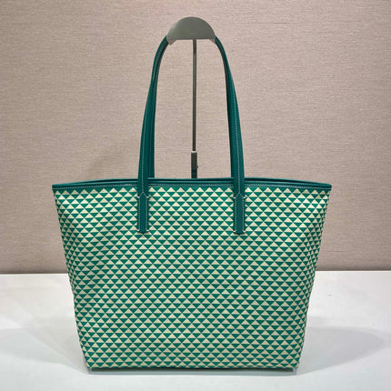 TOTE BAG 33 IN FOREST GREEN MIX CREAM TRIANGLE PATTERN EMBROIDERED FABRIC