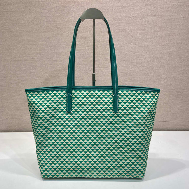 TOTE BAG 33 IN FOREST GREEN MIX CREAM TRIANGLE PATTERN EMBROIDERED FABRIC