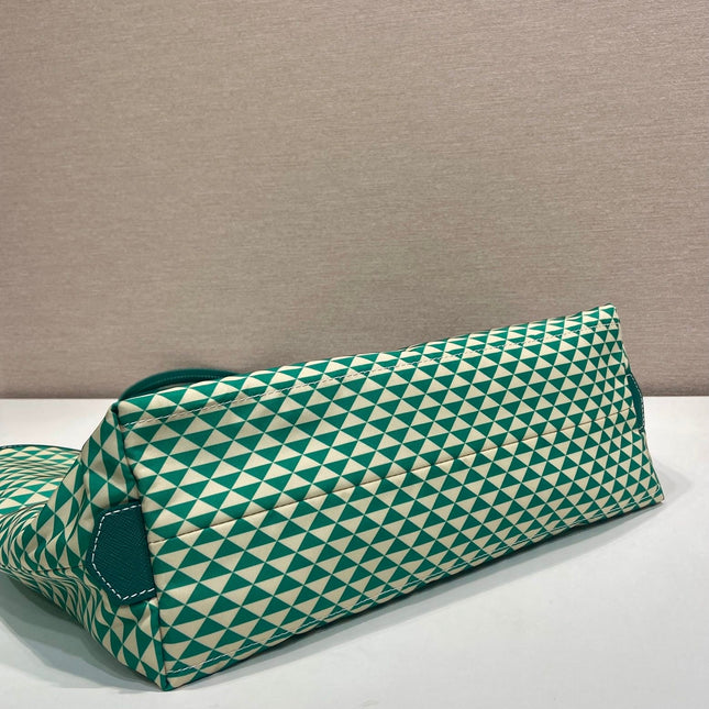 TOTE BAG 33 IN FOREST GREEN MIX CREAM TRIANGLE PATTERN EMBROIDERED FABRIC