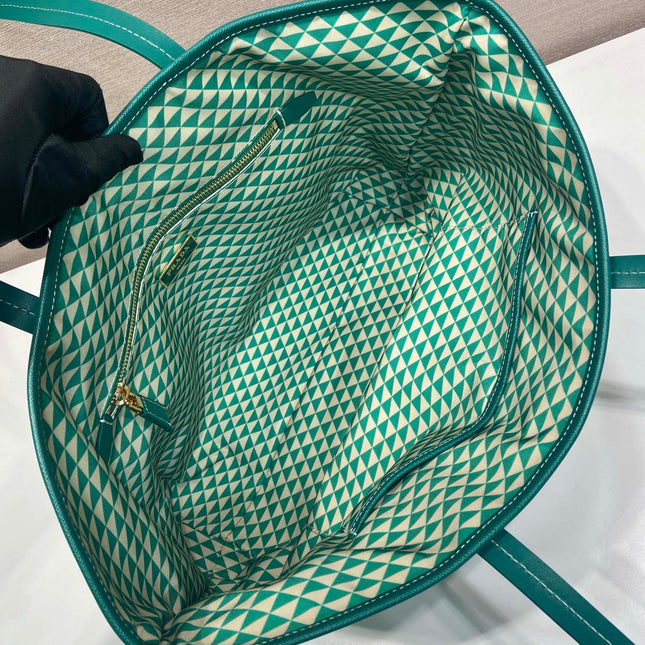 TOTE BAG 33 IN FOREST GREEN MIX CREAM TRIANGLE PATTERN EMBROIDERED FABRIC