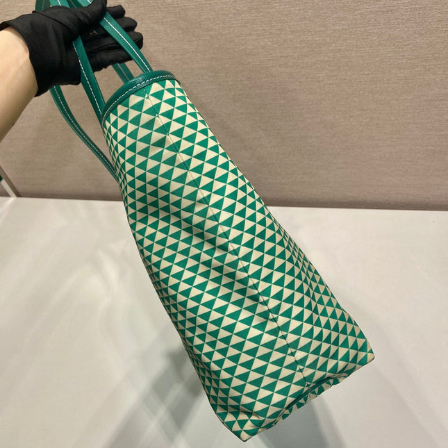 TOTE BAG 33 IN FOREST GREEN MIX CREAM TRIANGLE PATTERN EMBROIDERED FABRIC