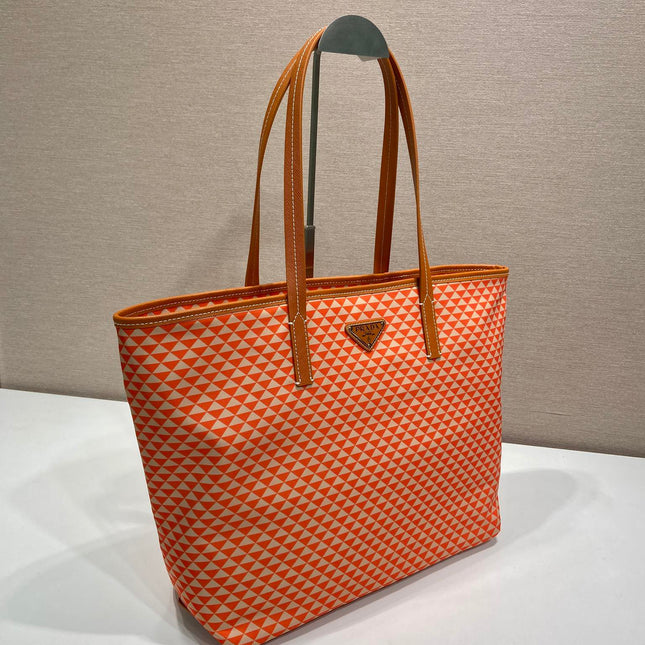 TOTE BAG 33 IN ORANGE MIX WHITE TRIANGLE PATTERN EMBROIDERED FABRIC