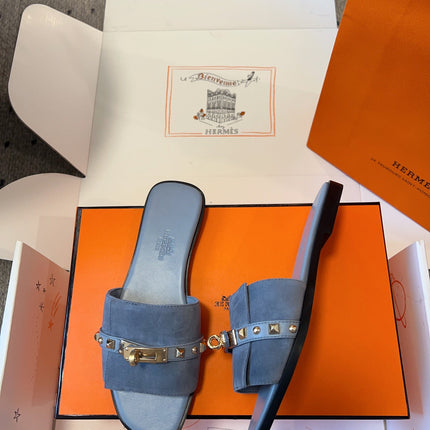 GIULIA FLAT SANDAL IN CERULEAN BLUE SUEDE