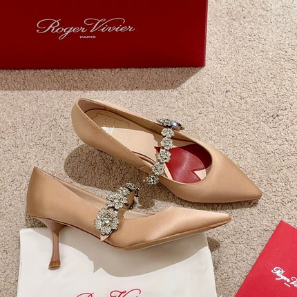 EFFLORESCENCE MARY JANE PUMPS IN TAN BEIGE SILK